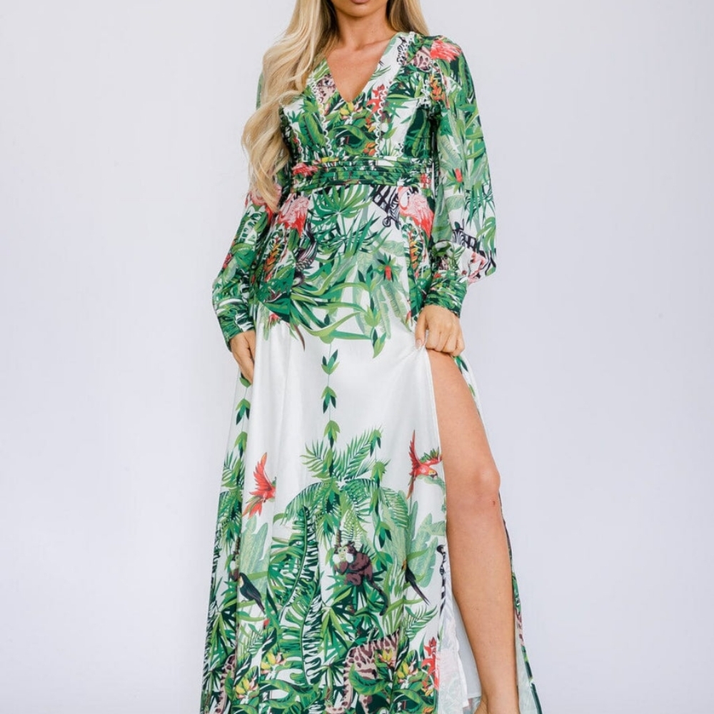 LONG SLEEVE V-NECK FRONT SLIT FLORAL PRINT MAXI DRESS